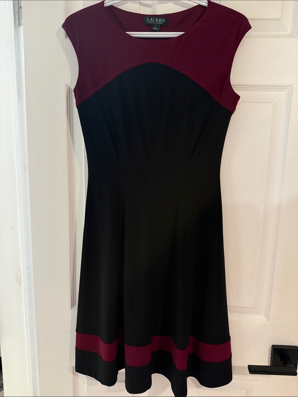 Lauren Ralph Lauren Black and Burgundy Cap-Sleeve Midi Dress